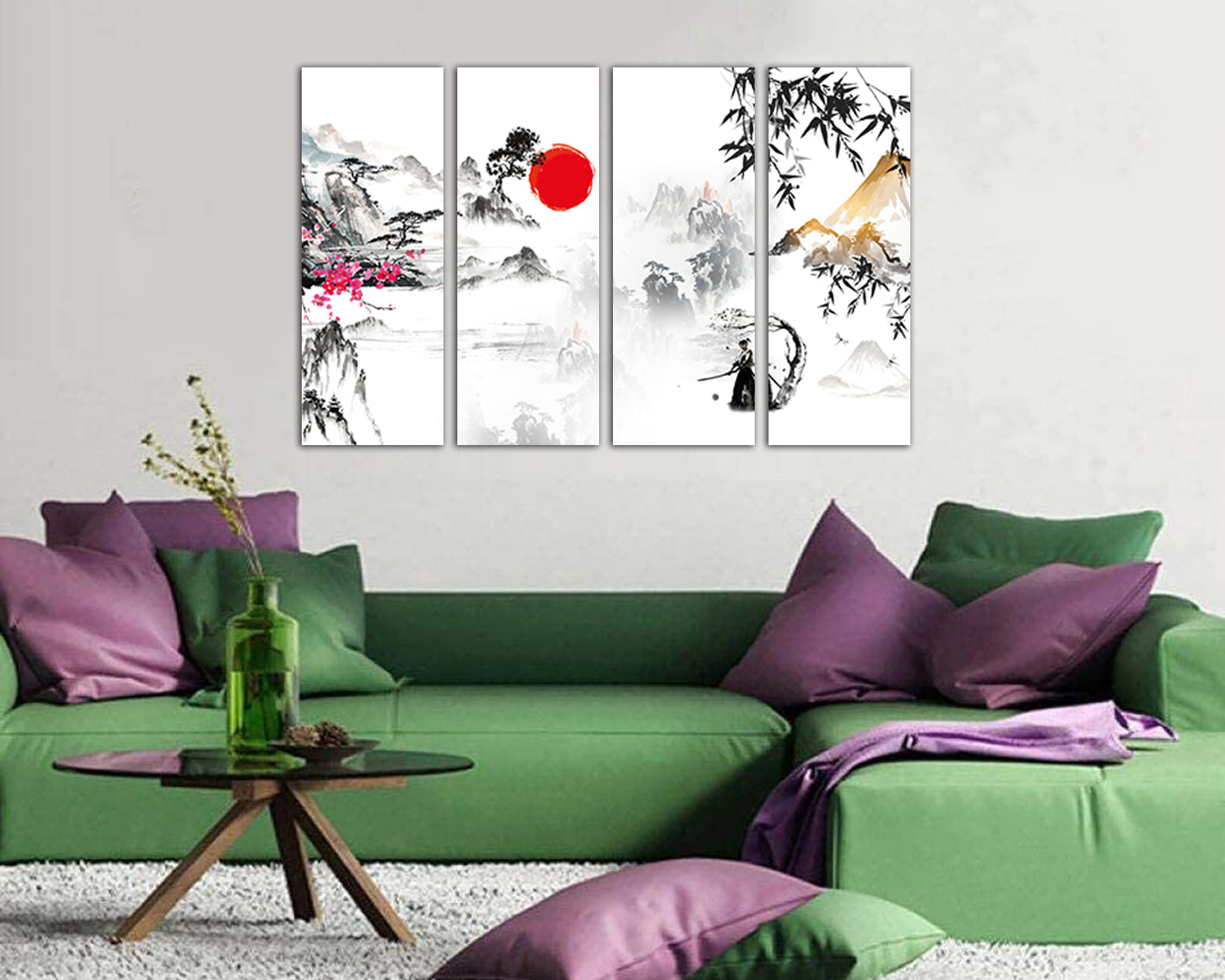 Mountain Japan canvas Sakura art works Sumi e Chinese print Japanese traditional Samurai miniature Bamboo Flower gift