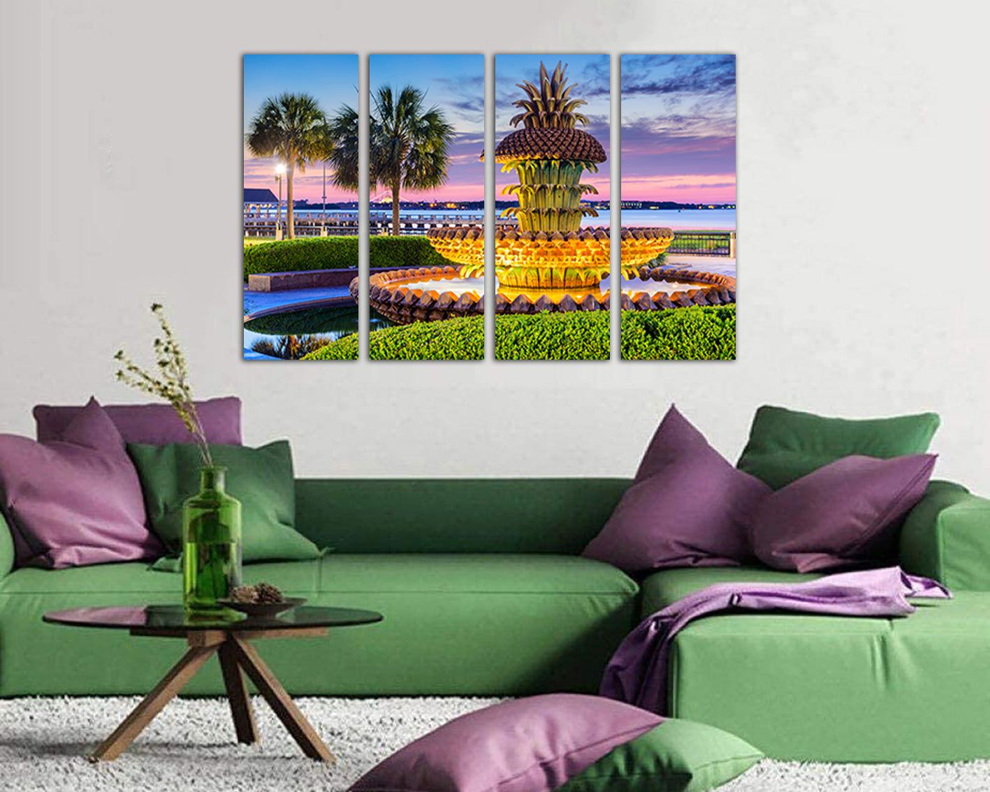 Fountain canvas Charleston art Pineapple fountain South Carolina art Palm tree décor Travel landscape city