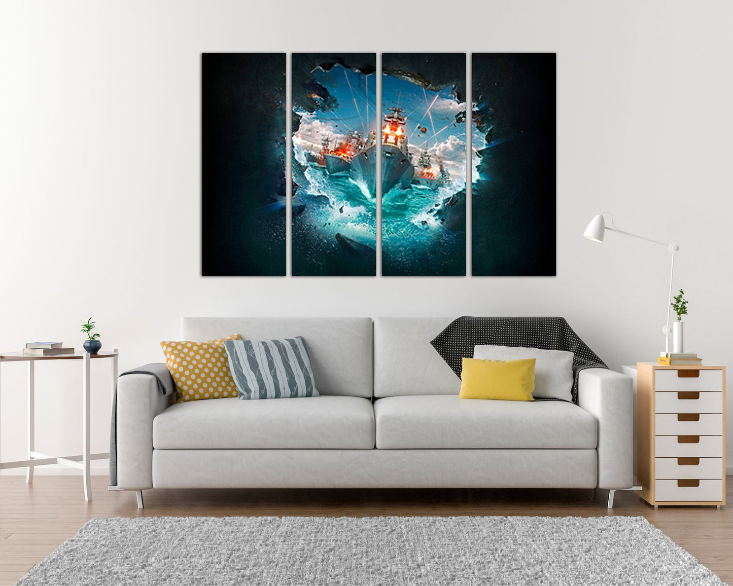 Warship canvas Kids wall art Nursery decor Sea battle Boy room artwork