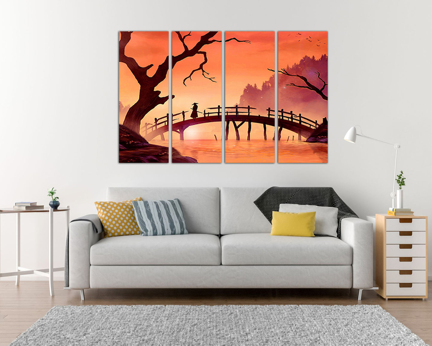 Samurai canvas Japanese art Traditional Japan Bridge wall art Samurai wall art Samurai wall décor Traditional art Gift samurai decor