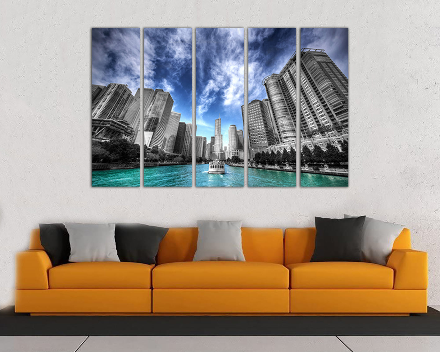 Chicago city Riverwalk canvas Skyline art Cityscape Blue sky design travel prints