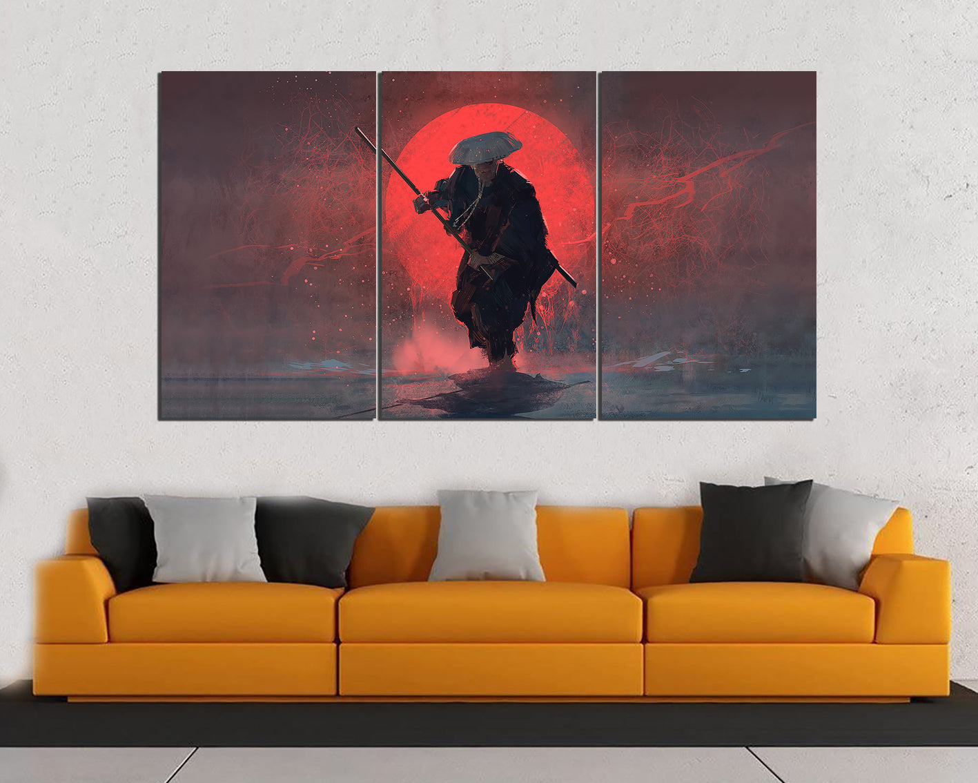 Samurai canvas Japanese art works Traditional Japan Red moon décor