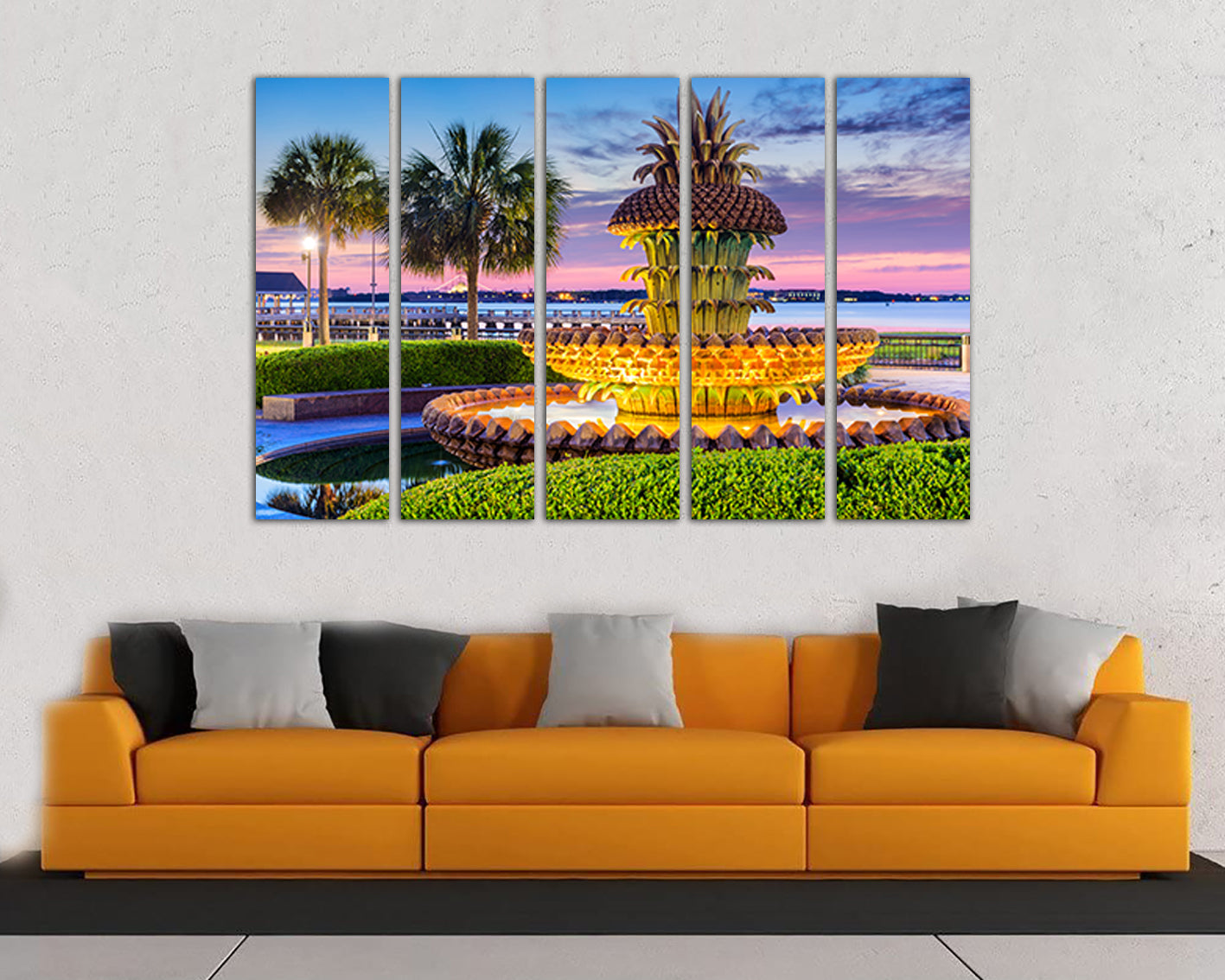 Fountain canvas Charleston art Pineapple fountain South Carolina art Palm tree décor Travel landscape city