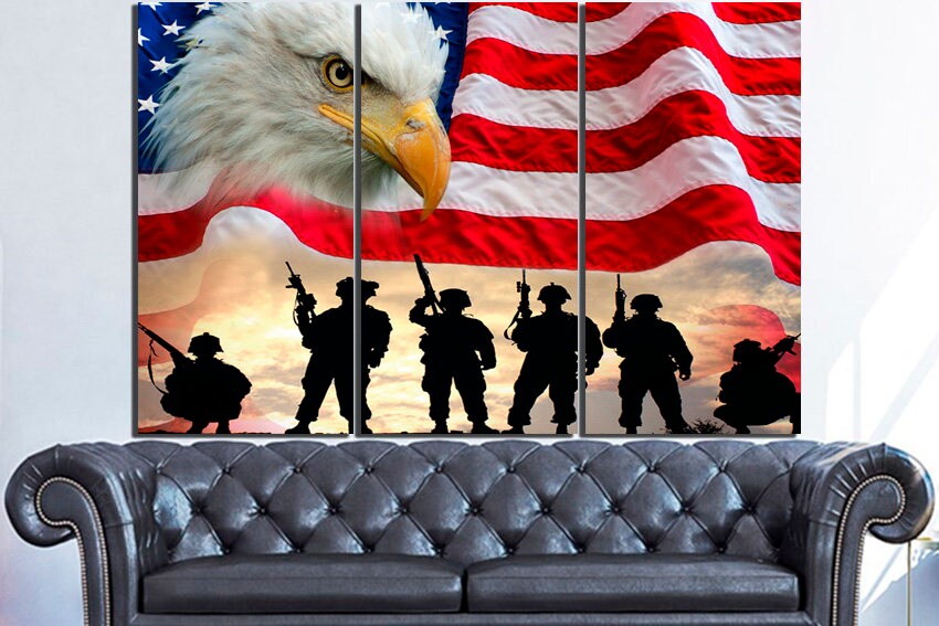 United States flag print American flag canvas Flag art American flag art Flag US Eagle Soldier National symbol Print on canvas Hand made