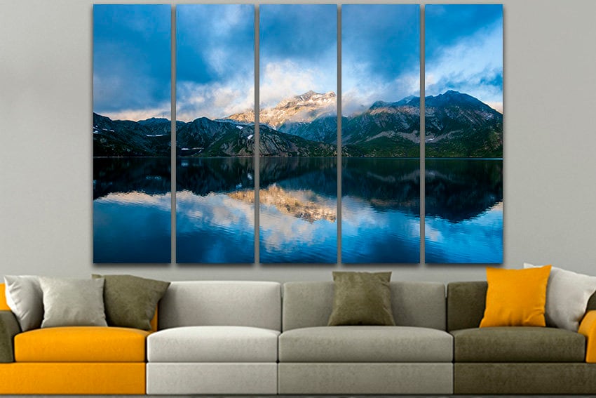 Mountains print Lake canvas art Wall hanging Switzerland Nature decor Colorful print
