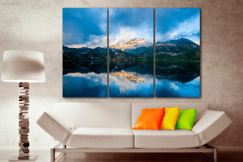 Mountains print Lake canvas art Wall hanging Switzerland Nature decor Colorful print