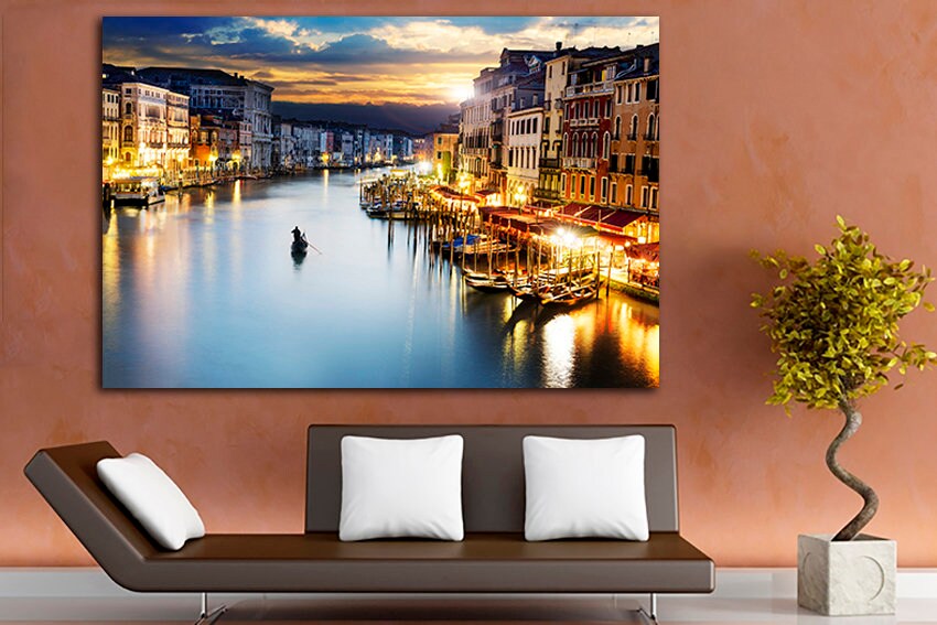 Italy Print on canvas Gondola wall decor Night city travel art