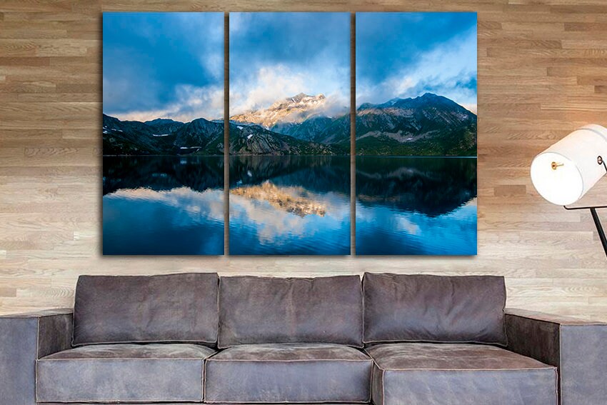 Mountains print Lake canvas art Wall hanging Switzerland Nature decor Colorful print