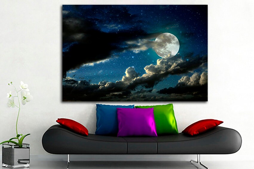 Night landscape sky art Moon canvas print Nature home decor Hanging frame set Stars sky nursery