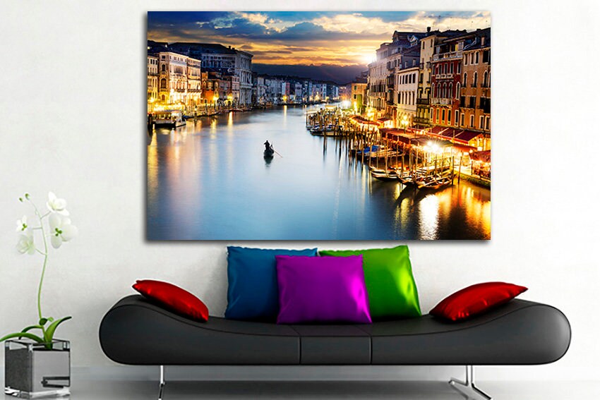 Italy Print on canvas Gondola wall decor Night city travel art