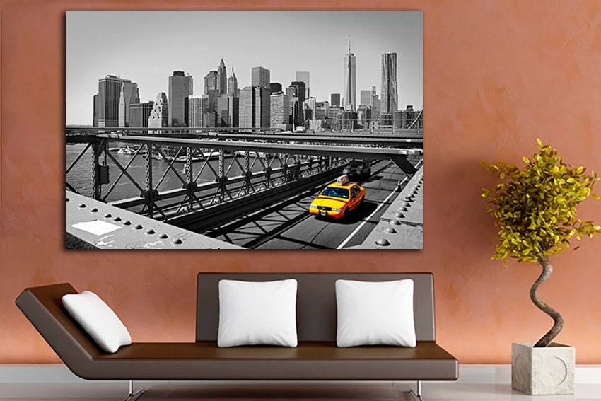 New York Yellow taxi canvas Cityscape NY Bridge travel print