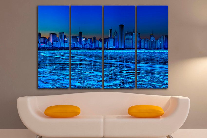 Framed night city Chicago Canvas lake decor Travel print