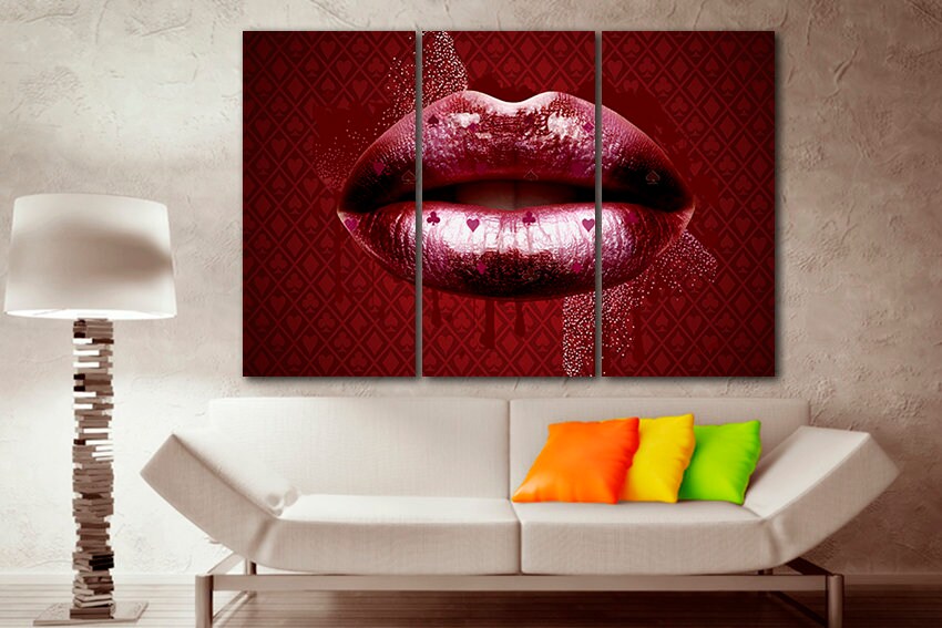Lips print on canvas Casino card art works Fashion print Girl room decor Kiss artwork Purple lipstick