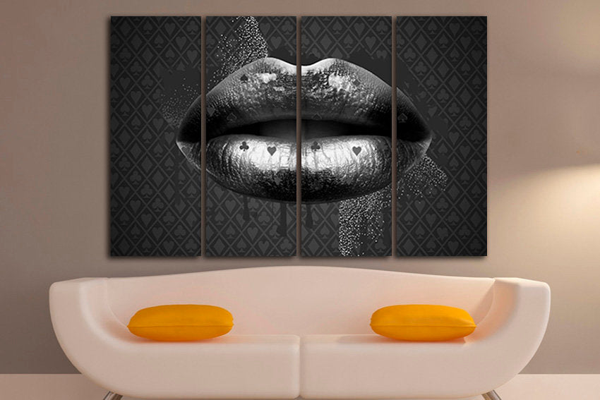 Lips print on canvas Casino card art works Fashion print Girl room decor Kiss artwork Purple lipstick