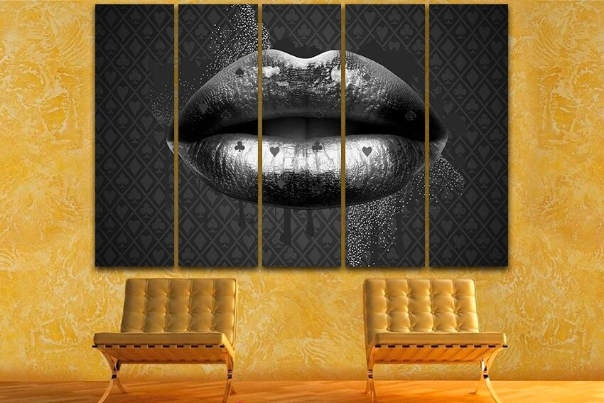 Lips print on canvas Casino card art works Fashion print Girl room decor Kiss artwork Purple lipstick