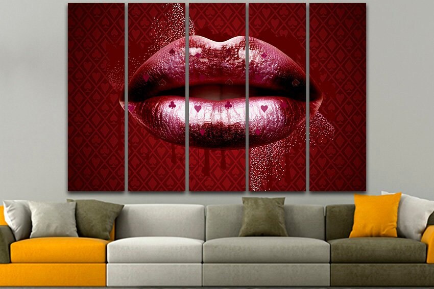 Lips print on canvas Casino card art works Fashion print Girl room decor Kiss artwork Purple lipstick