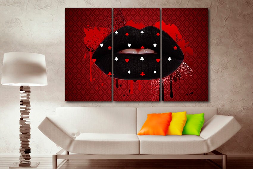 Black lips canvas Large canvas art Playing card decor Lips poster Lips gift Fashion wall art Girl wall decor Lip poster Kiss print Lip decor