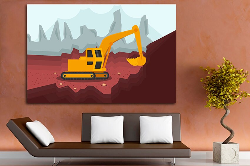 Excavator canvas Heavy equipment mechanism Dump truck print Tractor décor Vehicles Baby boy nursery art Playroom photo