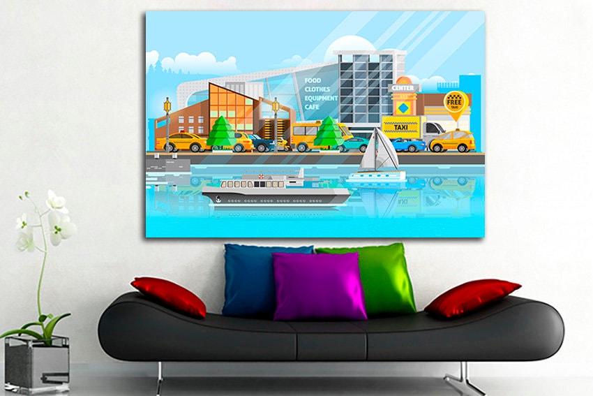 Wall art canvas Taxi cab kids Ship print Playroom decor Engine artwork