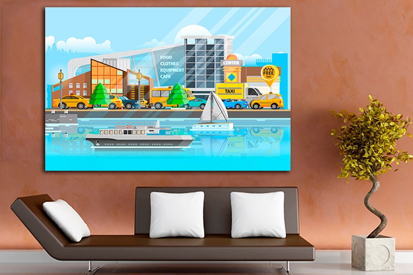 Wall art canvas Taxi cab kids Ship print Playroom decor Engine artwork