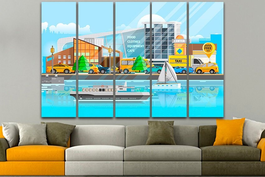 Wall art canvas Taxi cab kids Ship print Playroom decor Engine artwork