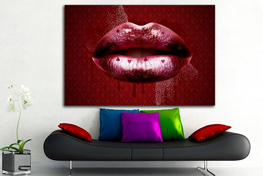 Lips print on canvas Casino card art works Fashion print Girl room decor Kiss artwork Purple lipstick