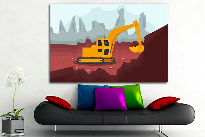 Excavator canvas Heavy equipment mechanism Dump truck print Tractor décor Vehicles Baby boy nursery art Playroom photo