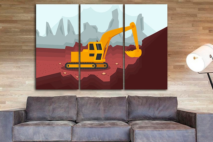 Excavator canvas Heavy equipment mechanism Dump truck print Tractor décor Vehicles Baby boy nursery art Playroom photo