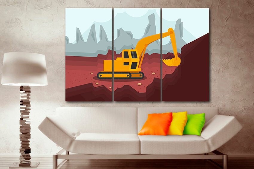 Excavator canvas Heavy equipment mechanism Dump truck print Tractor décor Vehicles Baby boy nursery art Playroom photo