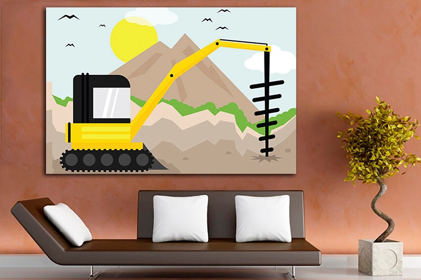 Drilling truck Wall art canvas Dump truck décor Digger kids print Boys mechanism playroom Сonstruction site Engine art Commercial use