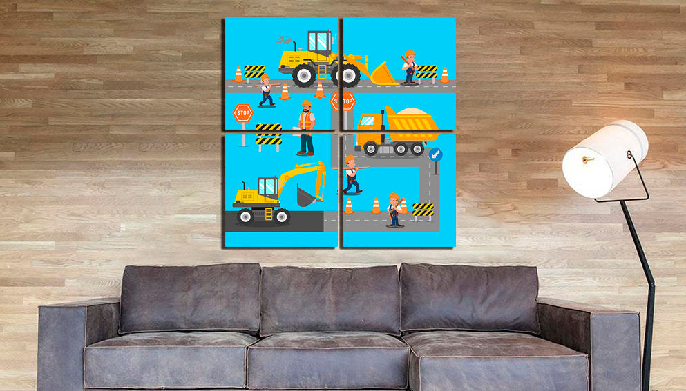 Road construction wall art canvas Tractor décor Kids Playroom print Engine artwork Construction workers