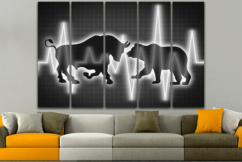 Bear & Bull Trading on Computer Duo Stock Market Entrepreneur Stock Exchange Financial Broker 2 Piece Canvas Set newest Wall Art Pop Home Decor