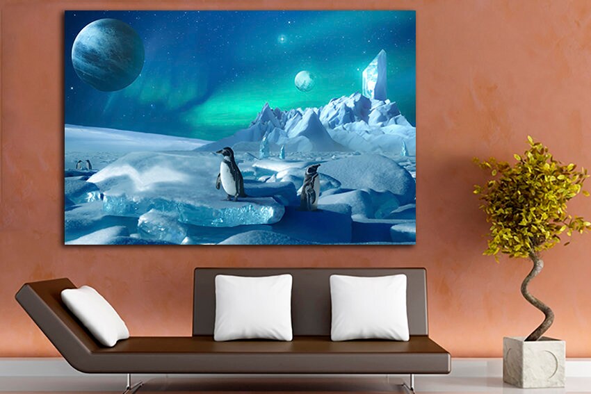 Polar print Penguin canvas Ice wall décor Planet Polar lights art Fantasy Northern light Nature room artwork