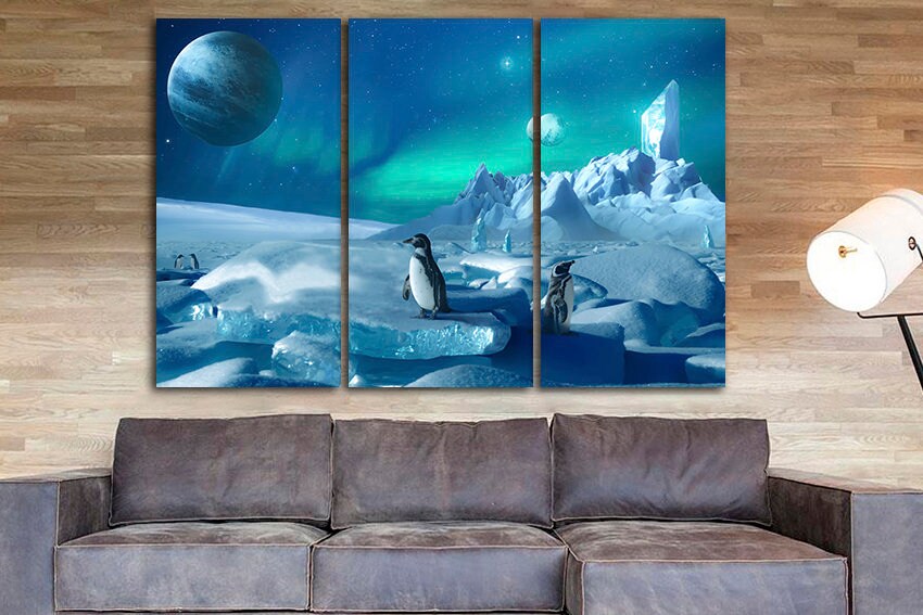 Polar print Penguin canvas Ice wall décor Planet Polar lights art Fantasy Northern light Nature room artwork