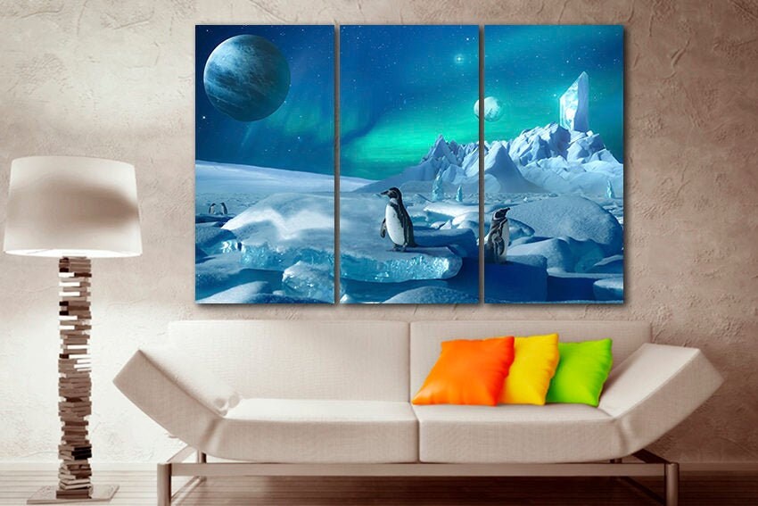 Polar print Penguin canvas Ice wall décor Planet Polar lights art Fantasy Northern light Nature room artwork
