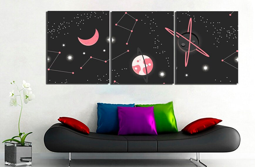 Starry sky art Constellation canvas Cosmic baby print Galaxy wall art Moon decor Playroom photo Outer space picture