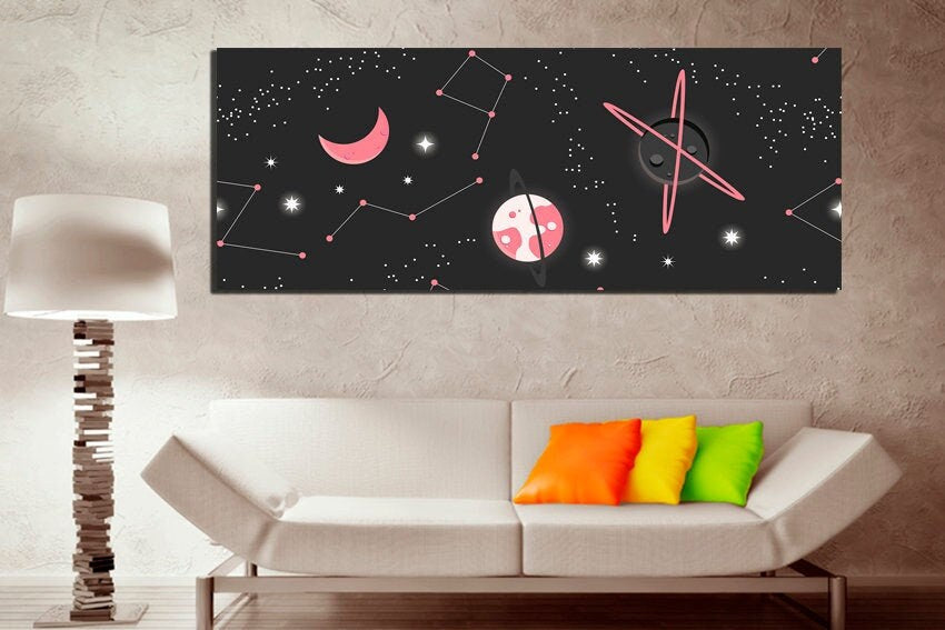 Starry sky art Constellation canvas Cosmic baby print Galaxy wall art Moon decor Playroom photo Outer space picture