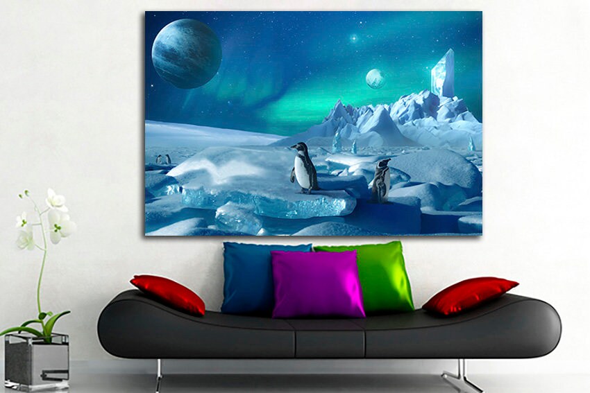Polar print Penguin canvas Ice wall décor Planet Polar lights art Fantasy Northern light Nature room artwork