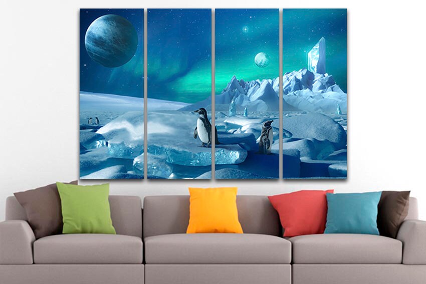 Polar print Penguin canvas Ice wall décor Planet Polar lights art Fantasy Northern light Nature room artwork