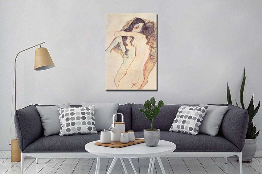 Egon Schiele Two women embracing Expressionism print Reproduction canvas Lovers print Nude art works Female home décor Austrian artist