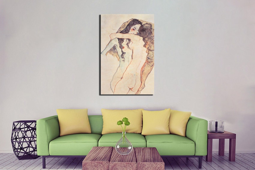 Egon Schiele Two women embracing Expressionism print Reproduction canvas Lovers print Nude art works Female home décor Austrian artist