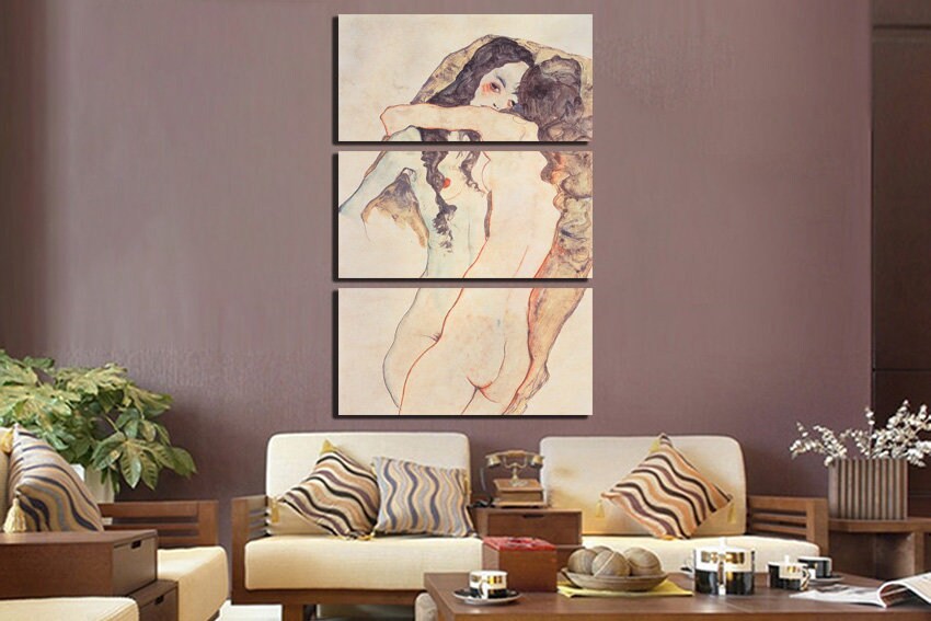 Egon Schiele Two women embracing Expressionism print Reproduction canvas Lovers print Nude art works Female home décor Austrian artist
