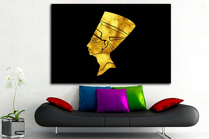 Egyptian canvas Queen Nefertiti print Pharaoh wall art Egypt décor Black yellow art works Modern gift