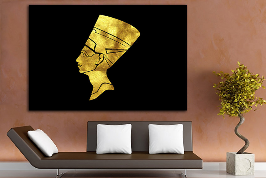 Egyptian canvas Queen Nefertiti print Pharaoh wall art Egypt décor Black yellow art works Modern gift