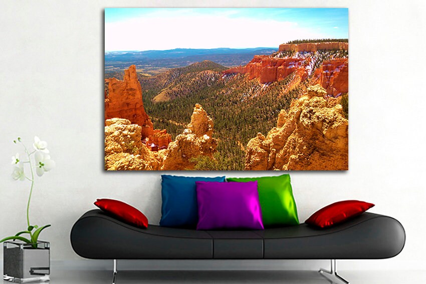Bryce canyon National park US Red rocks canvas Cliffs print Mountain decor Trees wall print Utah artwork Nature gift